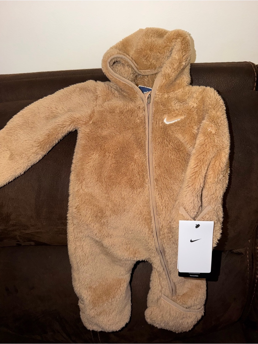 Nike Tan Plush Hooded Baby One-Piece Footie